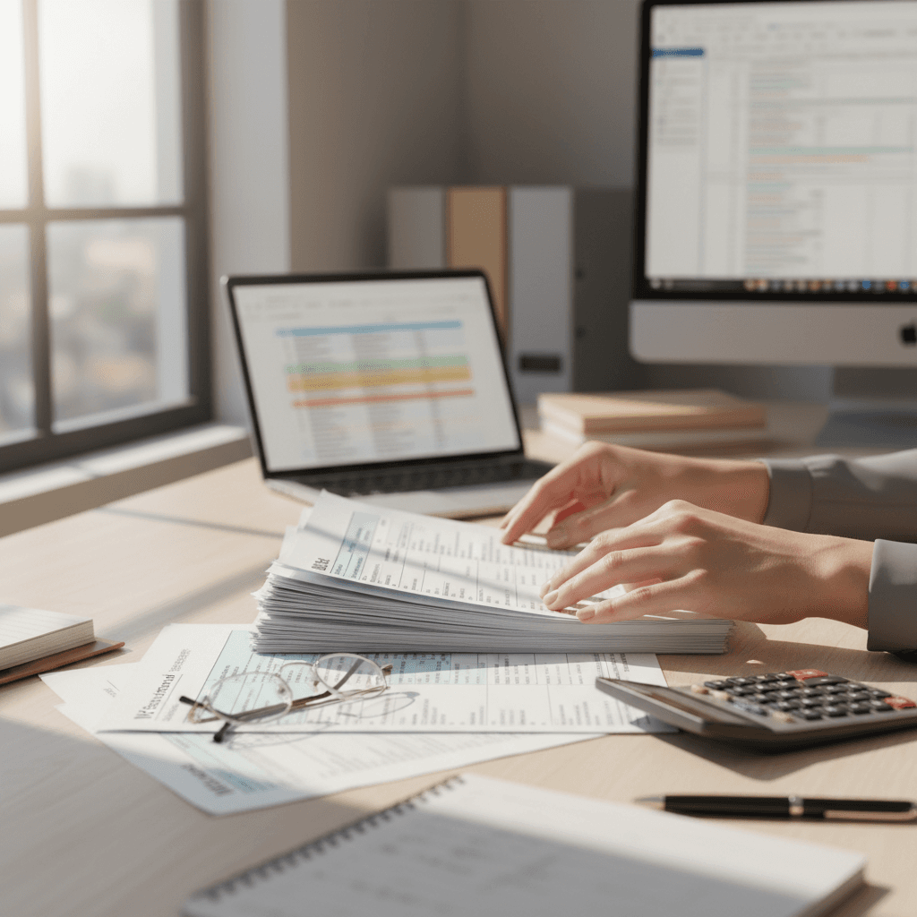Professional woman reviewing tax documents at desk