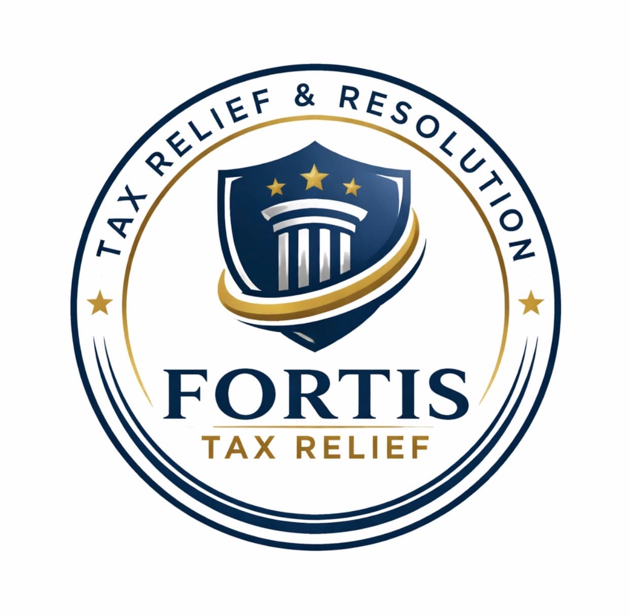 Fortis Tax Relief circular logo featuring a blue shield, white column, and gold stars.